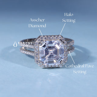 2.0CT Asscher Moissanite Diamond Halo Cathedral Pave Engagement Ring