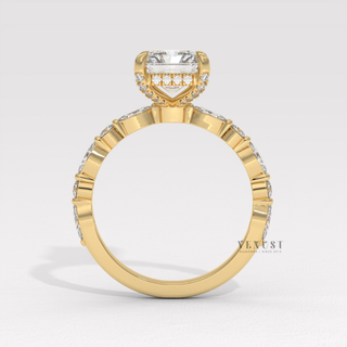 1.50CT Radiant Cut Moissanite Diamond Hidden Halo Marquise and Round Pavé Engagement Ring