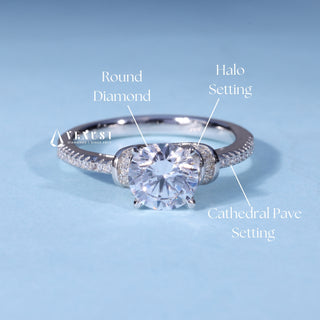 1.0CT Round Moissanite Diamond Halo Cathedral Pave Engagement Ring