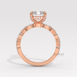 1.50CT Radiant Cut Moissanite Diamond Hidden Halo Marquise and Round Pavé Engagement Ring