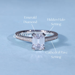 1.0CT Emerald Cut Moissanite Diamond Hidden Halo Pave Engagement Ring