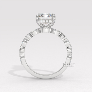 1.50CT Radiant Cut Moissanite Diamond Hidden Halo Marquise and Round Pavé Engagement Ring