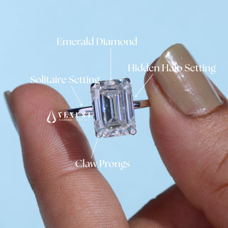 2.0CT Emerald Cut Moissanite Diamond Hidden Halo Solitaire Timeless Engagement Rings