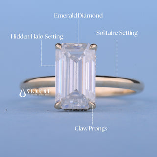 0.70CT Emerald Cut Moissanite Diamond Hidden Halo Solitaire Engagement Ring