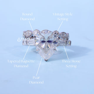 1.50CT Pear Moissanite Diamond Three Stone Engagement Rings With Wedding Band