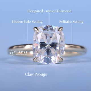1.50CT Elongated Cushion Cut Moissanite Diamond Hidden Halo Solitaire Engagement Ring