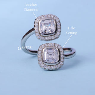 1.0CT Bezel Set Asscher Cut Moissanite Diamond Halo Engagement Ring