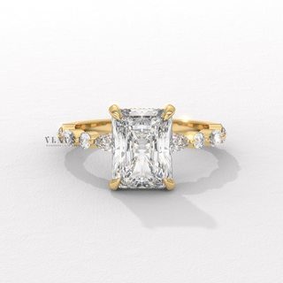 1.50CT Radiant Cut Moissanite Diamond Hidden Halo Marquise and Round Pavé Engagement Ring