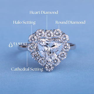 1.0CT Heart Cut Moissanite Diamond Halo Cathedral Engagement Ring