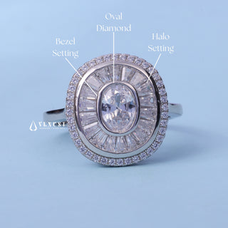 1.0CT Bezel Set Oval Cut Moissanite Diamond Halo Engagement Ring