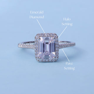 1.50CT Emerald Cut Moissanite Diamond Halo Pave Engagement Ring