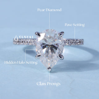 1.0CT Pear Cut Moissanite Diamond Hidden Halo Pave Engagement Ring