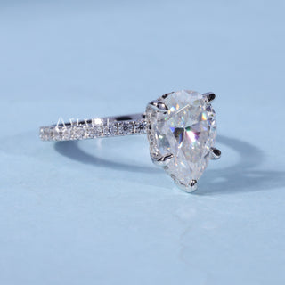 1.0CT Pear Cut Moissanite Diamond Hidden Halo Pave Engagement Ring