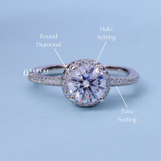 1.0CT Round Moissanite Diamond Halo Pave Engagement Ring