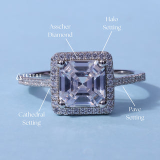 2.0CT Asscher Cut Moissanite Diamond Halo Pave Engagement Ring