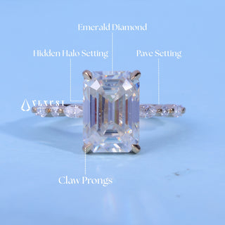 1.50CT Emerald Cut Moissanite Diamond Hidden Halo Pave Engagement Ring