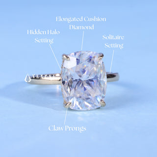 1.50CT Elongated Cushion Cut Moissanite Diamond Hidden Halo Solitaire Engagement Ring