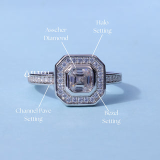 1.0CT Bezel Set Asscher Moissanite Diamond Halo Channel Pave Engagement Ring