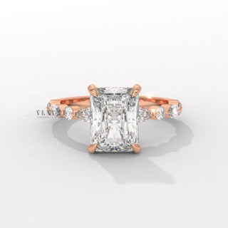 1.50CT Radiant Cut Moissanite Diamond Hidden Halo Marquise and Round Pavé Engagement Ring
