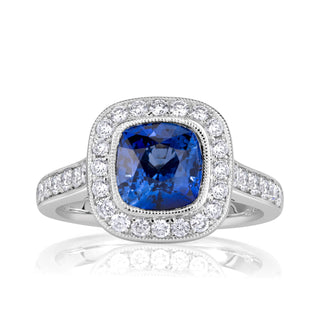 3.0ct blue cushion moissanite diamond halo pave engagement ring