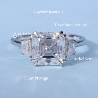 2.0CT Asscher Cut Moissanite Diamond Three Stone Engagement Rings