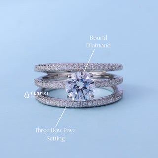 1.0CT Round Moissanite Diamond Three Row Pave Engagement Ring