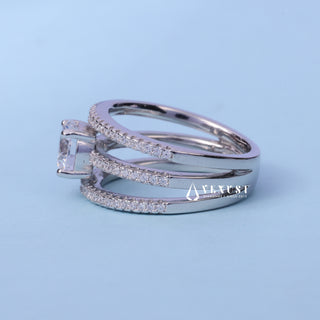 1.0CT Round Moissanite Diamond Three Row Pave Engagement Ring