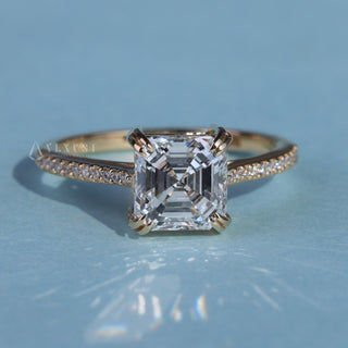 1.50CT Asscher Cut Moissanite Diamond Cathedral Pave Engagement Ring
