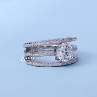 1.0CT Round Moissanite Diamond Three Row Pave Engagement Ring