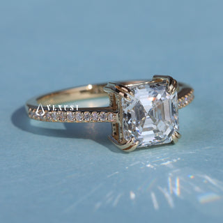 1.50CT Asscher Cut Moissanite Diamond Cathedral Pave Engagement Ring