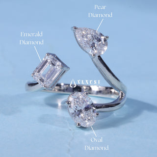 1.0CT Emerald, Oval & Pear Moissanite Diamond Three Stone Engagement Rings