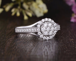 1.0CT Round Cut Halo Pave Moissanite Engagement Ring