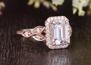 1.0CT Emerald Cut Halo Moissanite Engagement Ring