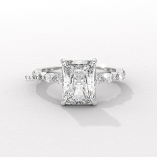 1.50CT Radiant Cut Moissanite Diamond Hidden Halo Marquise and Round Pavé Engagement Ring