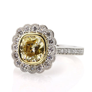 old mine cut moissanite ring, cushion moissanite engagement ring, halo pave engagement ring