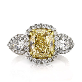 4.50ct yellow cushion moissanite diamond halo three stone engagement ring