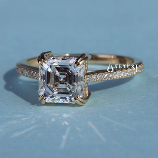 1.50CT Asscher Cut Moissanite Diamond Cathedral Pave Engagement Ring
