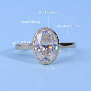 2.0CT Bezel Set Oval Moissanite Diamond Cathedral Engagement Rings