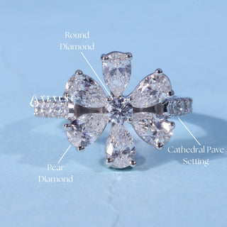 1.0CT Round & Pear Moissanite Diamond Flower Shape Engagement Ring
