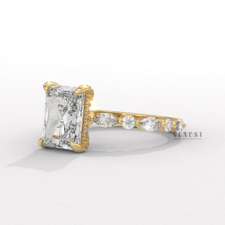 1.50CT Radiant Cut Moissanite Diamond Hidden Halo Marquise and Round Pavé Engagement Ring