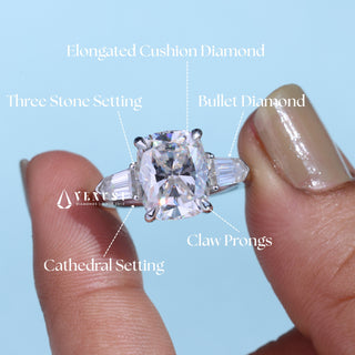 2.50CT Elongated Cushion Cut Moissanite Diamond Three Stone Engagement Rings