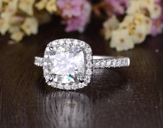 1.0CT Cushion Cut Halo Moissanite Engagement Ring