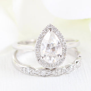 1.50CT Pear Cut Moissanite Halo Bridal Engagement Ring Set