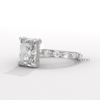 1.50CT Radiant Cut Moissanite Diamond Hidden Halo Marquise and Round Pavé Engagement Ring