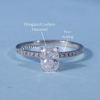 1.0CT Elongated Cushion Cut Moissanite Diamond Pave Engagement Ring