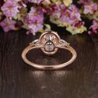 0.75 CT Oval Halo Three Stone Moissanite Engagement Ring