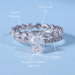 1.0CT Elongated Cushion Moissanite Diamond Pave Engagement Ring With Wedding Band