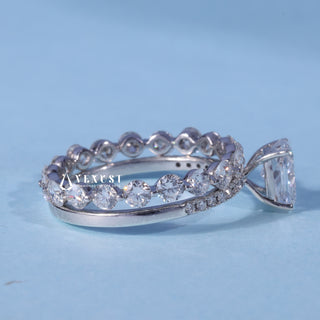 1.0CT Elongated Cushion Moissanite Diamond Pave Engagement Ring With Wedding Band