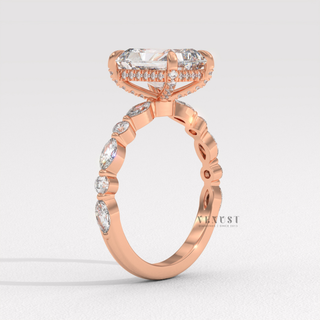 1.50CT Radiant Cut Moissanite Diamond Hidden Halo Marquise and Round Pavé Engagement Ring