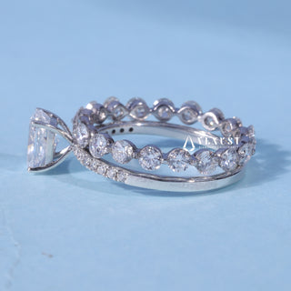 1.0CT Elongated Cushion Moissanite Diamond Pave Engagement Ring With Wedding Band